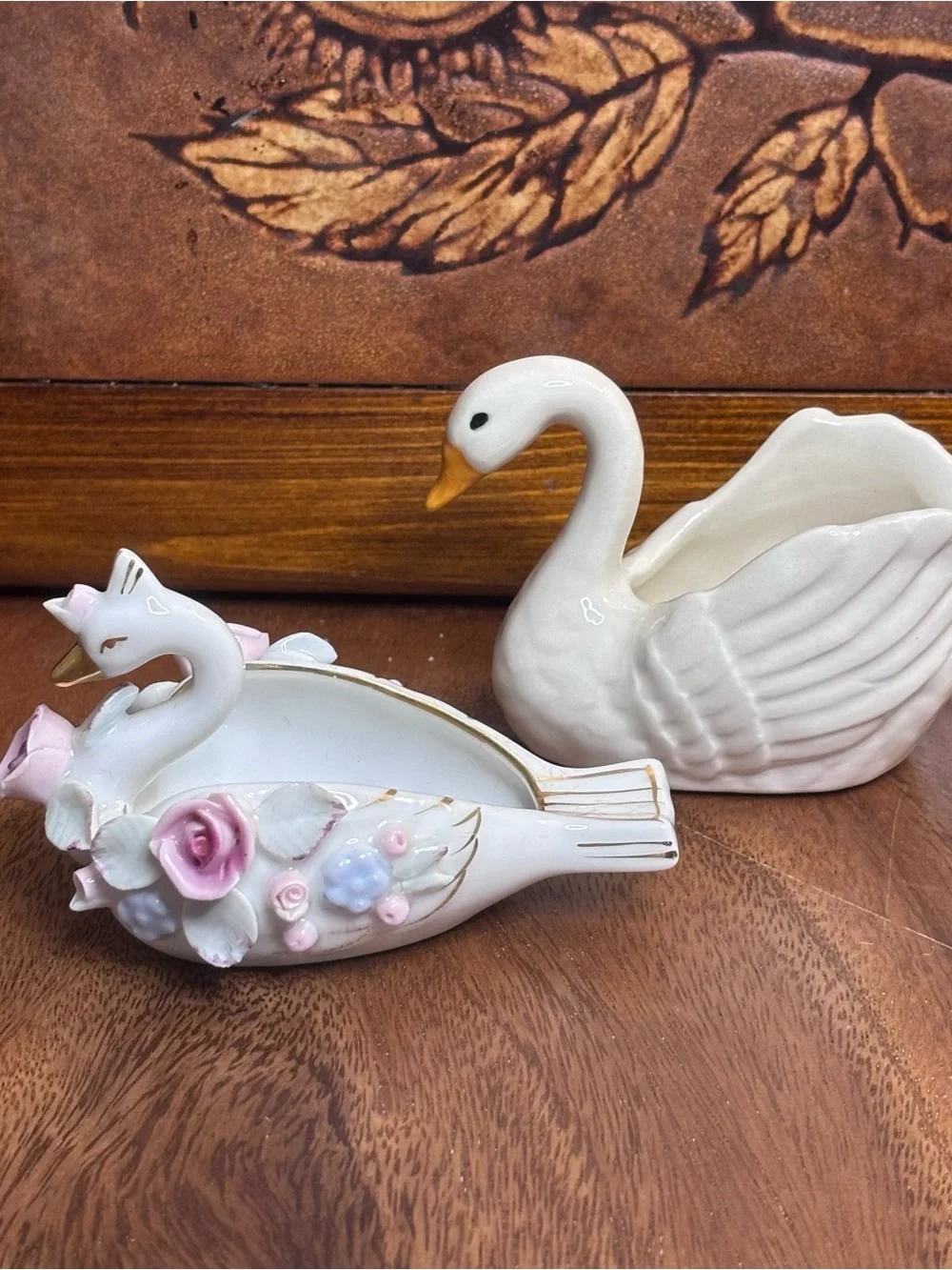 Vintage Ceramic Swan Trinket Dishes - White with Pink Floral Accent